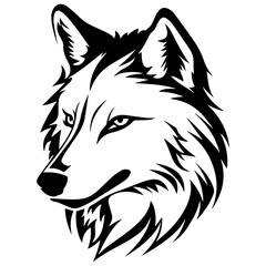 Illustration of a wolf head with detailed fur and sharp eyes in black and white tattoo style design