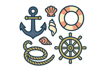 Obraz premium Stylized marine and nautical themed elements collection featuring anchor, ship wheel, lifebuoy, rope, and various seashells