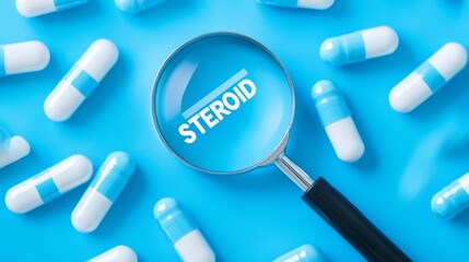 White and blue capsules with magnifier over "STEROID" text, placed on blue medical-themed background.