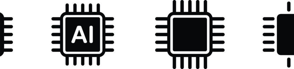Microchip and AI chip silhouette icons with pins, top and side views, black vector graphic for electronics, tech, and hardware design