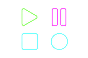 Vibrant neon outlined media player controls and fundamental geometric shapes on a clean white background