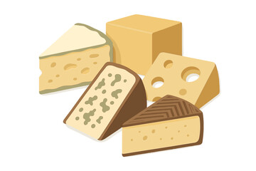 Delicious assortment of various cheese types including blue cheese, Swiss, cheddar, and other dairy products on white background