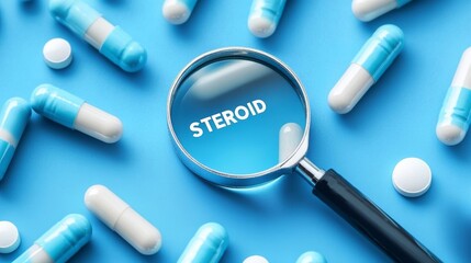 White and blue capsules with magnifier over "STEROID" text, placed on blue medical-themed background.