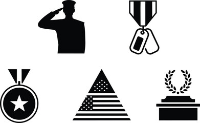 Military silhouette icons with soldier salute, medals, dog tags, American flag, laurel wreath, patriotic symbols, honor and remembrance
