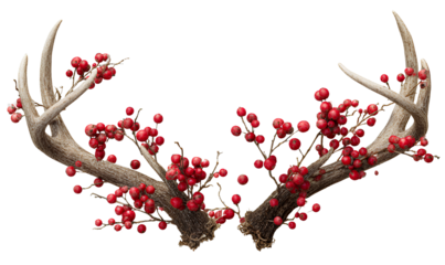 PNG raster image of deer antlers with red berries on a transparent background