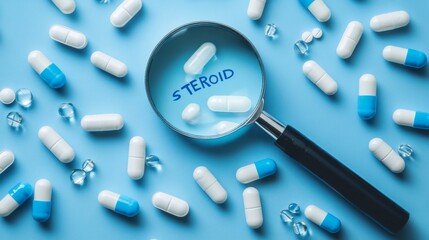 White and blue capsules with magnifier over "STEROID" text, placed on blue medical-themed background.