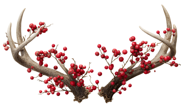 PNG raster image of deer antlers with red berries on a transparent background