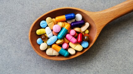 Wooden spoon filled with pills, capsules, and tablets showing variety of medical treatments. 