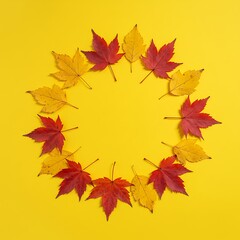 Fototapeta premium Arranging Colorful Autumn Leaves in Circular Pattern on Yellow Background