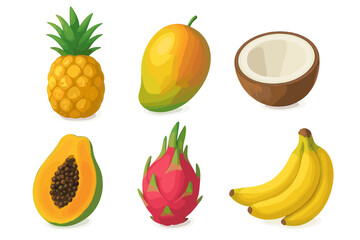Vibrant collection of fresh tropical fruits including pineapple mango coconut papaya dragon fruit and bananas