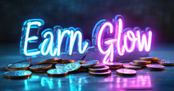 Bright neon sign displays Earn Glow above scattered coins. Vivid purple, blue hues dominate dark background. Reflective surface visible.
