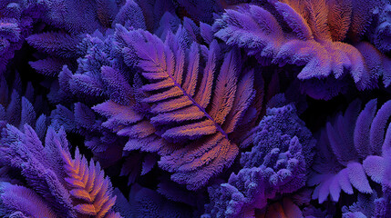Vibrant purple and orange fern leaves with textured surface create magical twilight jungle atmosphere, evoking wonder and mystery