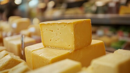 Yellow cheddar block on a shop counter, a staple of deli displays and cheese boards.