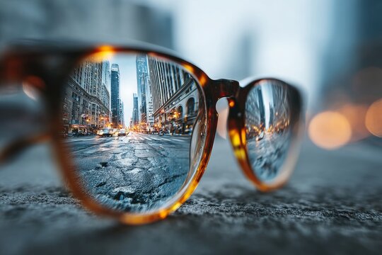 Cityscape reflecting in eyeglass lens, illustrating new perspective and seeing clearly
