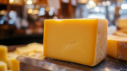 Yellow cheddar block on a shop counter, a staple of deli displays and cheese boards.