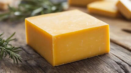 Yellow cheddar block on a shop counter, a staple of deli displays and cheese boards.