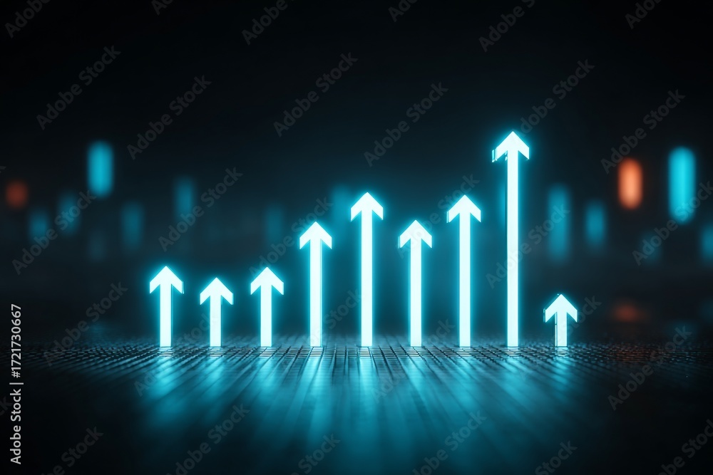 Poster glowing arrows rising, visualizing data showing progress and increasing market trends
