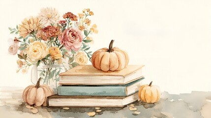  Watercolor illustration featuring a fall-themed composition with pumpkins, flowers, and books. Emphasizes autumn colors and seasonal elements to evoke warmth and celebration.