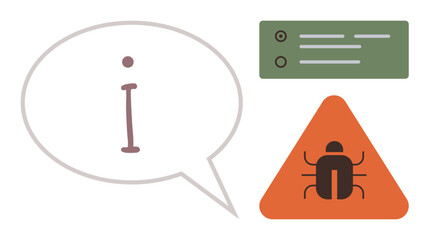 Speech bubble with i, bug on warning triangle, programming server panel. Ideal for coding issues, debugging, error alerts, web development, programming tutorials, IT learning simple flat metaphor
