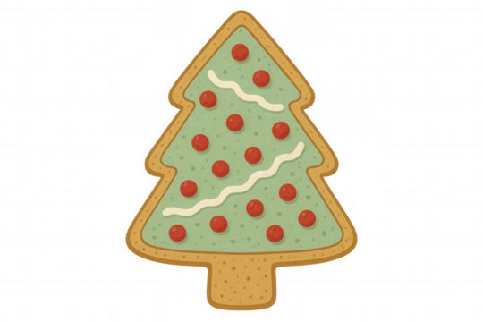 Gingerbread christmas tree cookie with green icing and red sprinkles, festive holiday food art, transparent background