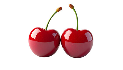 Two red cherries shine with gloss on a transparent background. Sweet fruit for dessert menus, summer promotions, and healthy lifestyle designs.