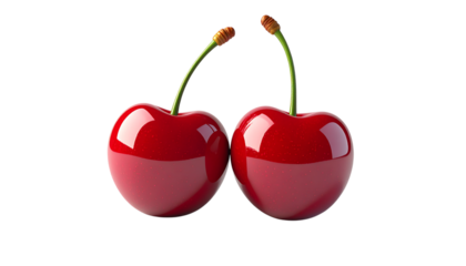 Two red cherries shine with gloss on a transparent background. Sweet fruit for dessert menus, summer promotions, and healthy lifestyle designs.