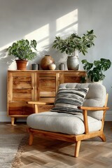 Minimalist living room with wooden furniture, plants, and cozy natural light