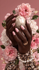 Elegant deep brown feminine hands with pink manicured nails holding pearl ball, surrounded by pink peonies and pearls, luxurious mood