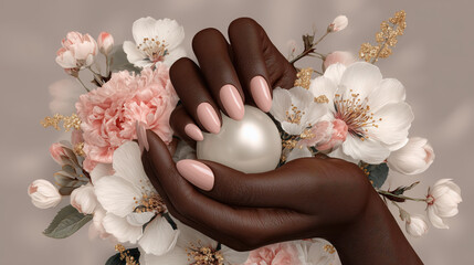 Elegant deep brown feminine hand with long nude nails holding pearl among white and pink flowers, soft and graceful mood