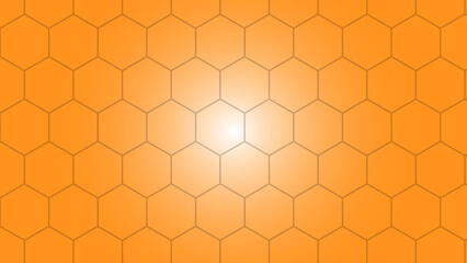 Abstract orange hexagonal pattern with a bright light in the center, creating a gradient effect.