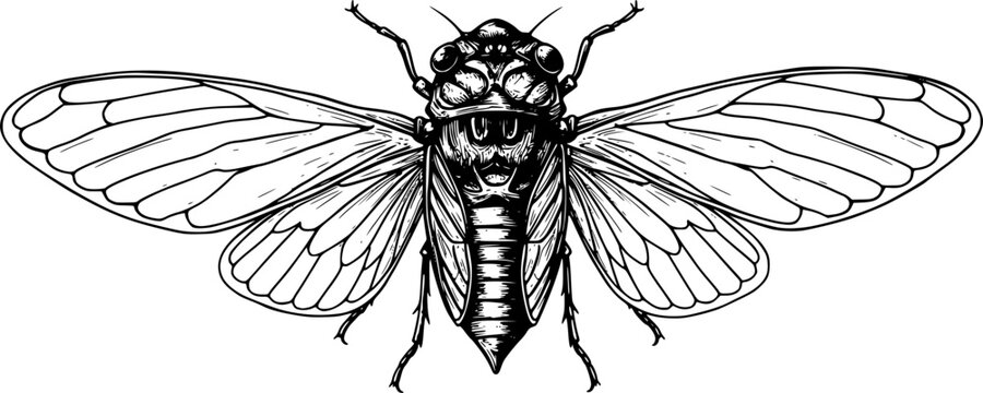 cicada insect ans isolated wings, hand drawn on white background