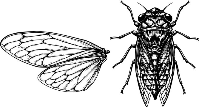 cicada insect ans isolated wings, hand drawn on white background