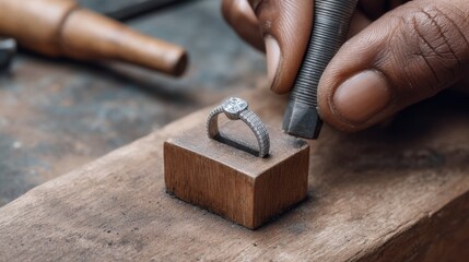 Skilled Artisan Creating Beautiful Engagement Ring in Workshop with Tools, Focused Hands-on Craftsmanship and Attention to Detail in Jewelry Making Process