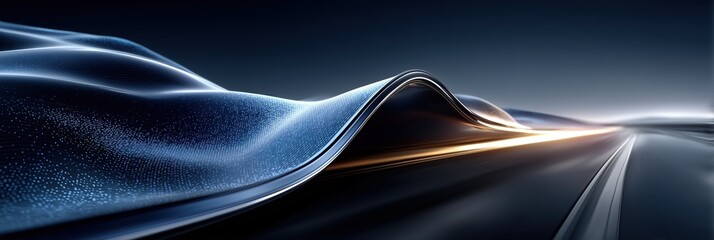 Futuristic glowing golden road between dark blue flowing waves for tech advertising.

