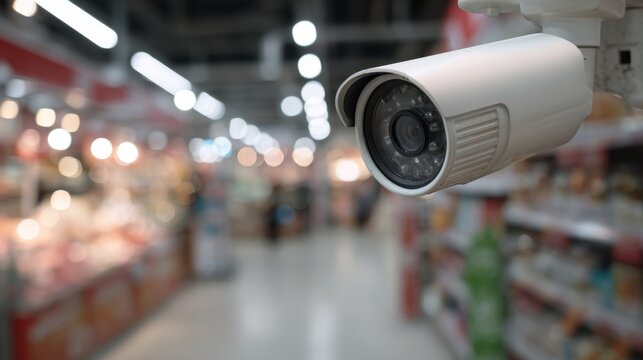 Medium shot of a sleek AIpowered surveillance camera with blurred store aisles in the background highlighting cuttingedge security technology.