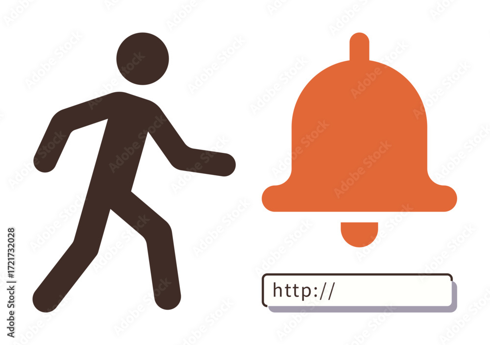 Poster human figure moving toward notification bell with web address input bar. ideal for digital notificat