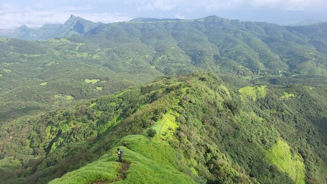 Panoramic lush green landscape seen from the Mohangad Fort near Bhor, Pune.