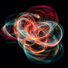 Abstract glowing light swirls in multicolored transparent hues create a mesmerizing visual experience, showcasing vibrant energy and dynamic movement in a dark background