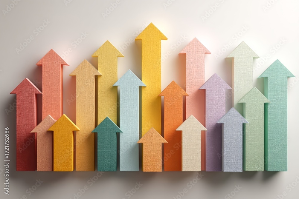 Poster group of upward pointing colorful arrows indicating business development and financial chart increas