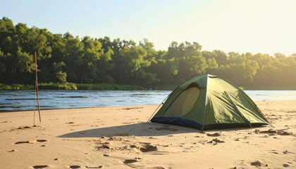 Camping tent set up on sandy riverside beach with calm water and space for text above the tent against the sky