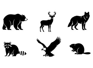 Majestic Wildlife Icons Bear, Deer, Wolf, Raccoon, Eagle, Beaver in Silhouette Design