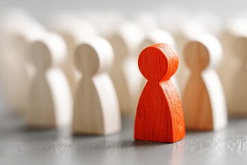 Red wooden figurine differentiating from a group of light-colored wooden figures