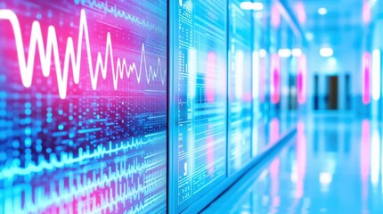 Abstract blue technology cityscape with binary code and digital data elements - Powered by Adobe