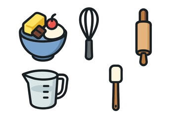 Collection of essential baking ingredients and kitchen tools including whisk, rolling pin, measuring cup, spatula, and bowl with butter