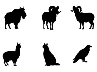 Silhouettes of diverse animals goat, rams, llama, otter, eagle and mountain goat art