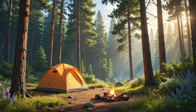 Tranquil tent setup nestled under majestic tall pine forest creating a perfect camping retreat