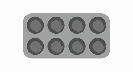 Flat design illustration of an empty gray baking pan with eight circular cups, suitable for muffins or cupcakes.