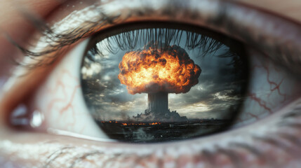 Human eye reflecting massive nuclear explosion, apocalyptic theme, background