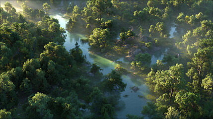 Aerial view of lush green forest with winding river, showcasing vibrant foliage and tranquil water, creating a serene natural landscape for exploration and relaxation