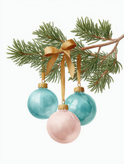 Pine branch displays colorful christmas ornaments with golden ribbon in festive arrangement.